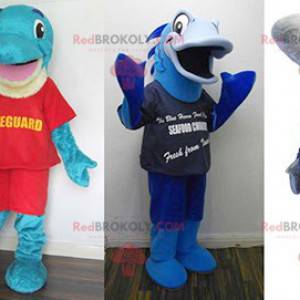 3 mascottes : un dauphin bleu un poisson bleu et un requin gris
